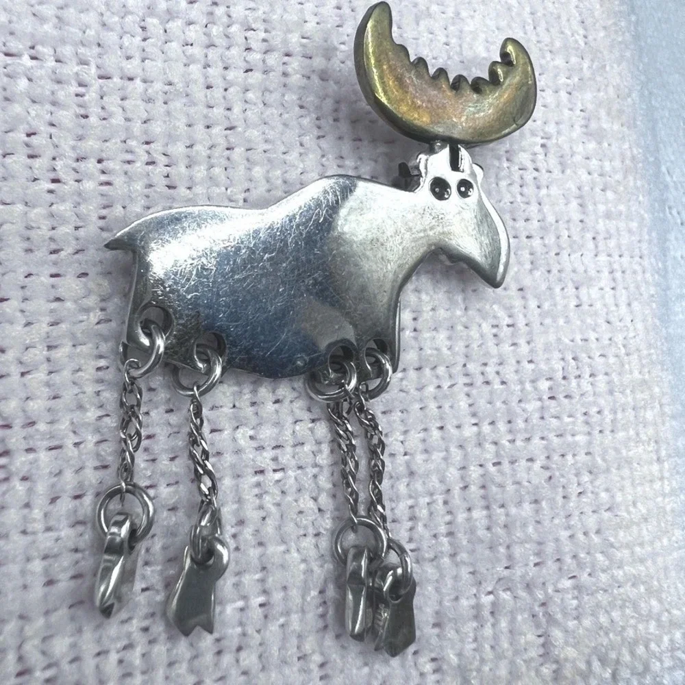 Vintage Mexico Sterling Silver Brass Brooch Pin Moose Articulated Artisan 2